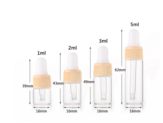 Wood Grain Cap Clear Glass Dropper Bottles - 1ml, 2ml, 3ml, 5ml Wholesale Essential Oil & Cosmetic Sample Vials
