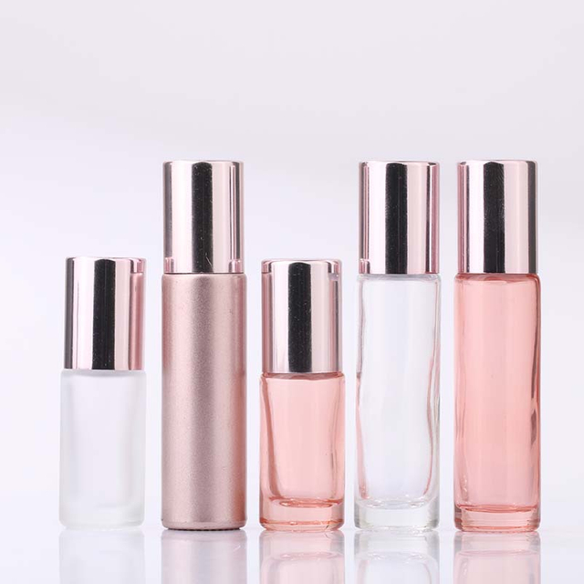 5/10ml Clear & Pink Rose Gold Glass Roll-On Bottles with Matching Lids for Essential Oils & Cosmetics